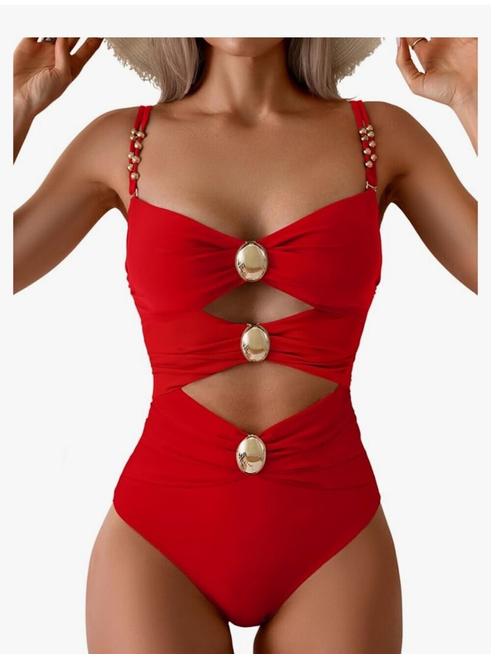Red One-Piece Swimsuit with Gold Accent Details NWT